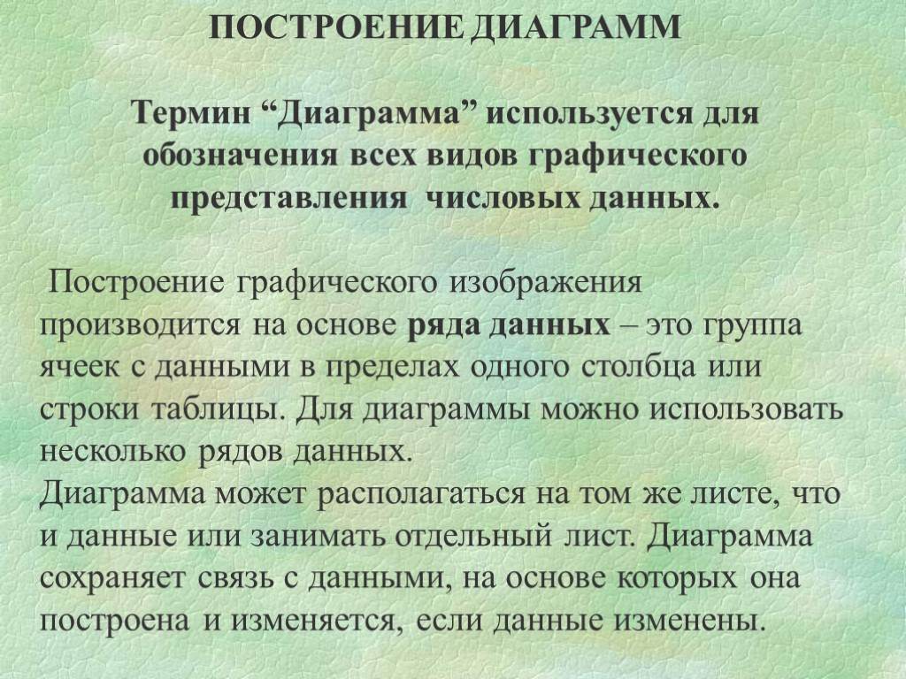 ПОСТРОЕНИЕ ДИАГРАММ Термин “Диаграмма” используется для обозначения всех видов графического представления числовых данных. Построение